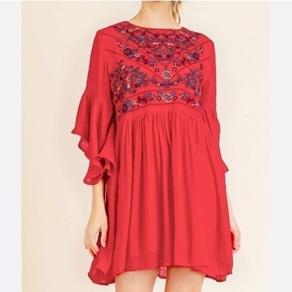 Umgee Strawberry Red Embroidered Dress - Picture 1 of 4